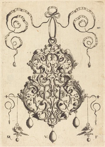 Strapwork Pendant with Two Birds as Earrings at Left and Right by Daniel Mignot, print, 1516-1653