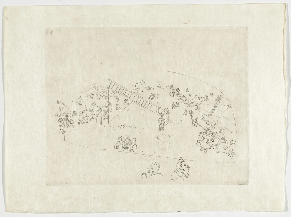 At the Village Gate (A la barrière de la ville), plate XLVII (supplementary suite) from Les Âmes mortes by Marc Chagall, illustrated book, 1923