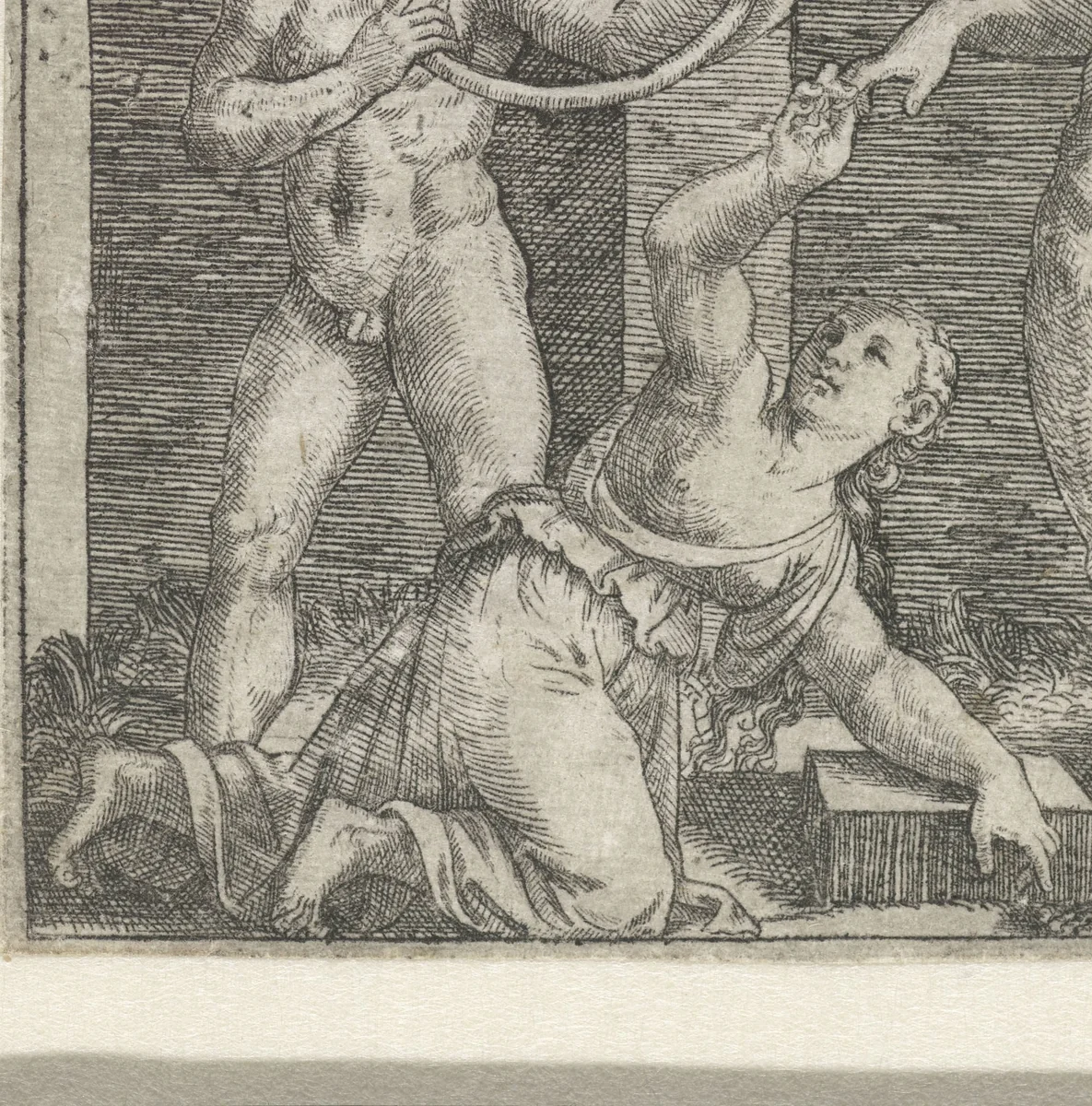 Twee mannen buigen staaf krom en vrouw schuift ring aan vinger man by Unknown, print, 1510-1527