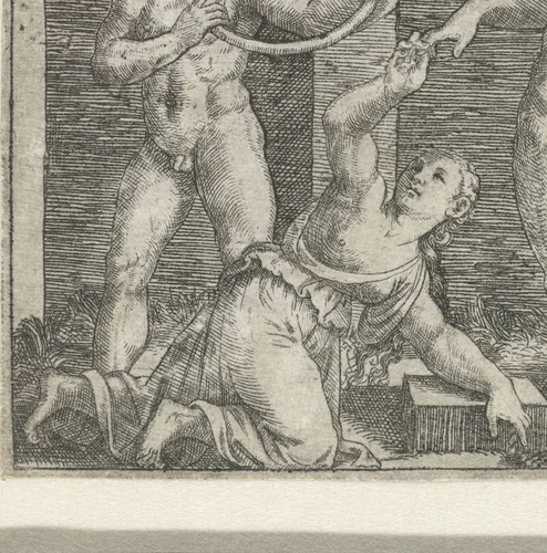 Twee mannen buigen staaf krom en vrouw schuift ring aan vinger man by Unknown, print, 1510-1527