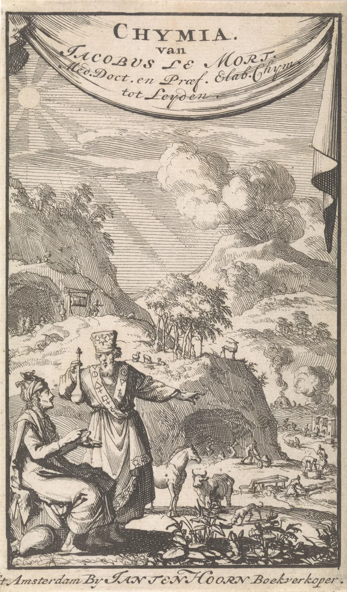 Twee wetenschappers discussiërend in een landschap by Jan Luyken, print, 1696