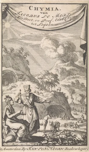Twee wetenschappers discussiërend in een landschap by Jan Luyken, print, 1696