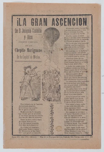 Broadsheet relating to the adventures of Don Joaquin Cantolla y Rico who travels in a hot air balloon, crowd of people watching him ascend by José Guadalupe Posada, print, 1902