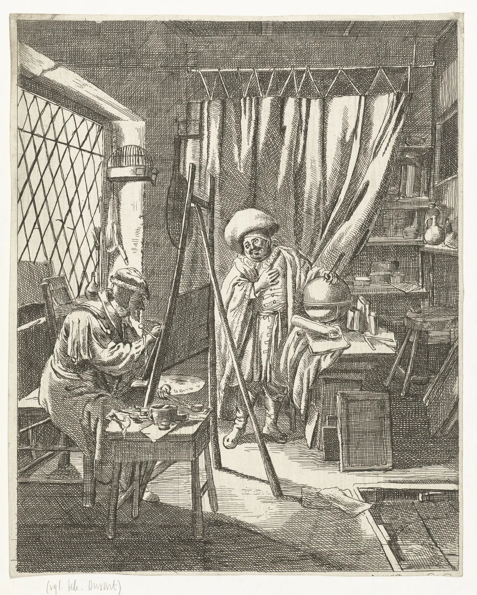 Schilder met een model in zijn atelier by Wouter Dam, print, 1736-1786