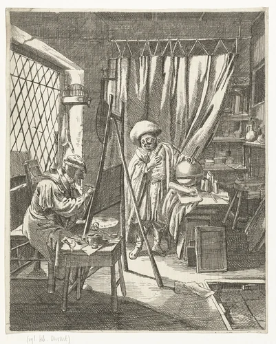 Schilder met een model in zijn atelier by Wouter Dam, print, 1736-1786