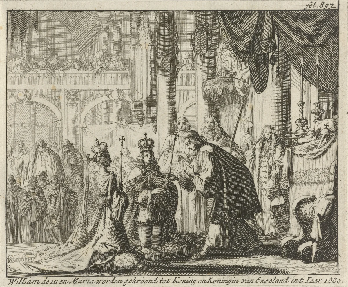 Kroning van Willem III en Maria II, 1689 by Jan Luyken, print, 1689