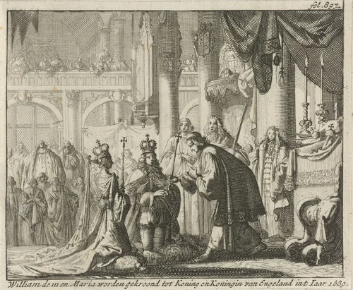 Kroning van Willem III en Maria II, 1689 by Jan Luyken, print, 1689