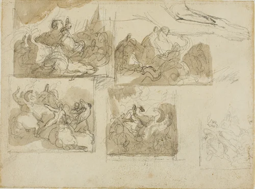 Sketches of a Cavalry Battle and the Forepaws of a Dog by Jean Louis André Théodore Géricault, drawing, 1813-1814