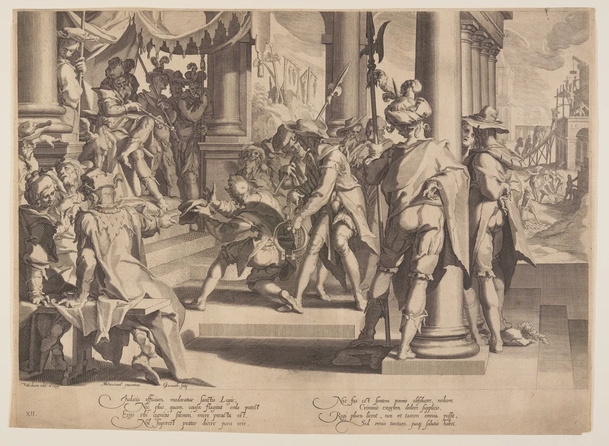 Allegory of Justice, Sanctity of Law, plate 12 from Thrones of Justice (Thronus Iustitiae) by Willem van Swanenburgh, print, 1606