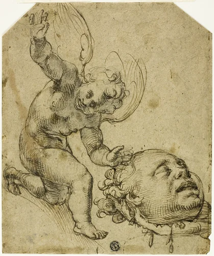 Two Sketches: Kneeling Putto Holding a Head (recto) Details of a Nude Male Child (verso) by Bartolomeo Passarotti, drawing, 1549-1592