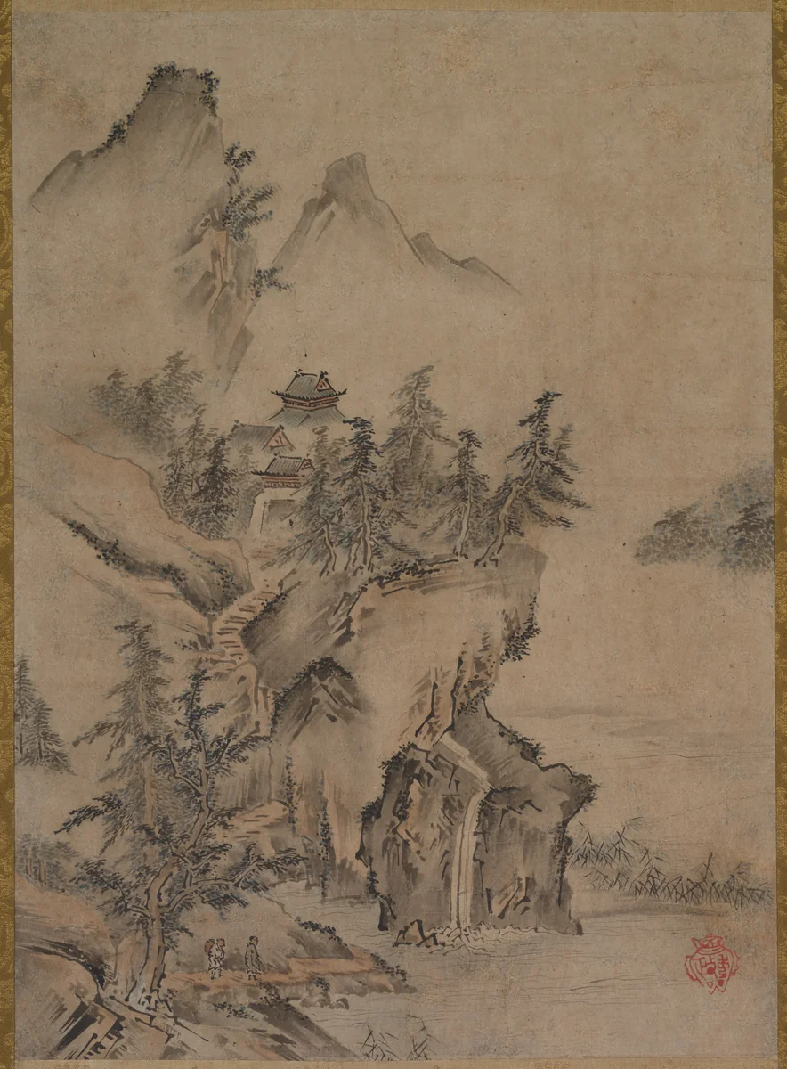 Chinese Literatus Traveling to a Mountain Temple by Kano Hidemasa, painting, 1575-1599