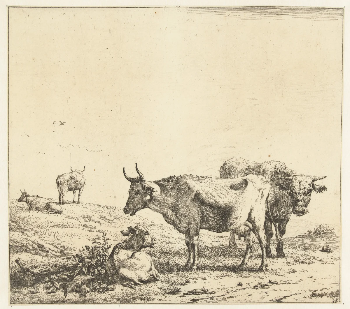 De koe, de stier en het kalf by Karel du Jardin, print, 1650-1660