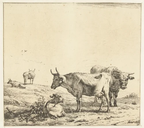 De koe, de stier en het kalf by Karel du Jardin, print, 1650-1660