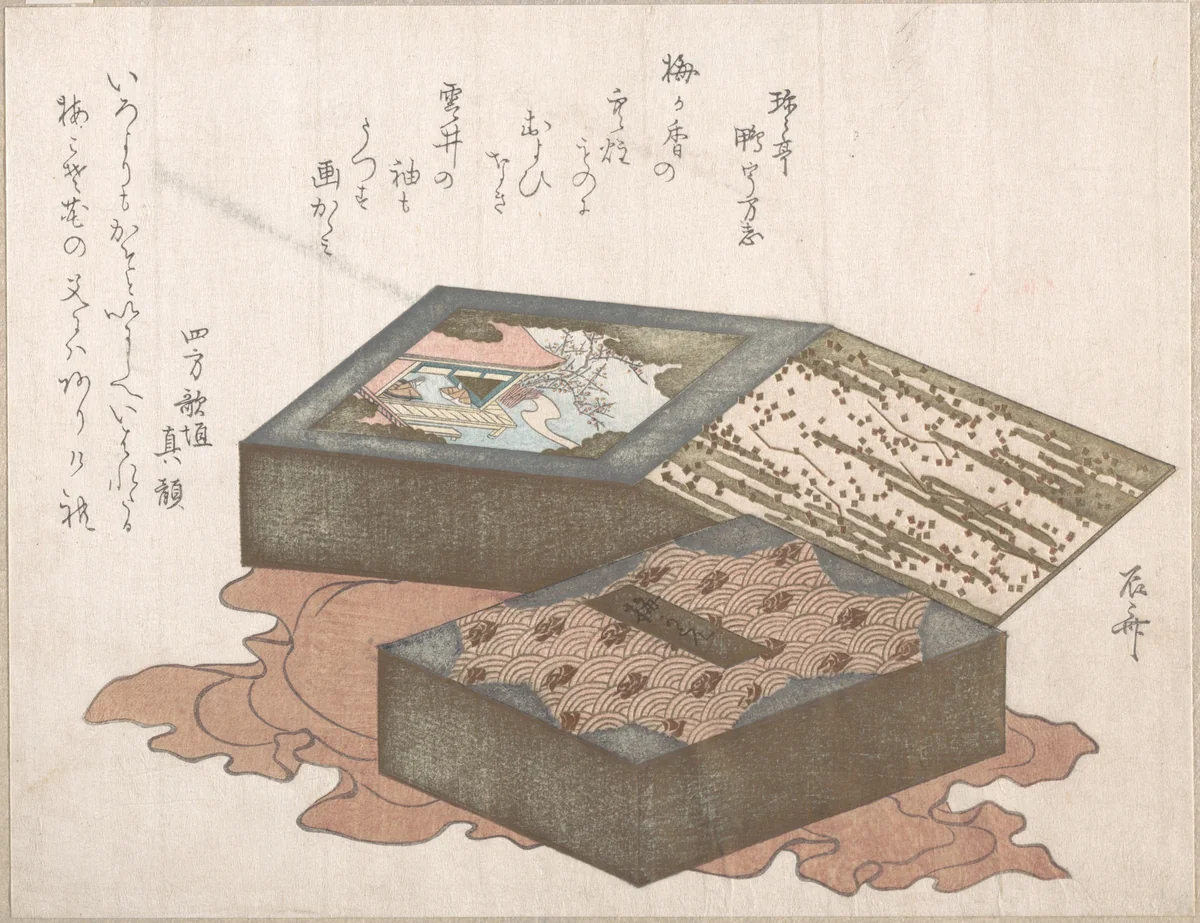 Cakes In a Box with Wrapping Cloth by Ryūryūkyo Shinsai (柳々居辰斎), print, 1800-1899
