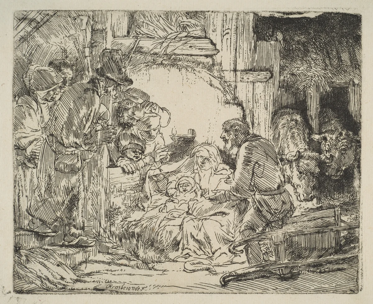 The Adoration of the Shepherds, with the lamp by Rembrandt van Rijn, print, 1649-1659