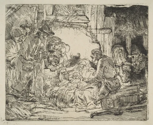 The Adoration of the Shepherds, with the lamp by Rembrandt van Rijn, print, 1649-1659