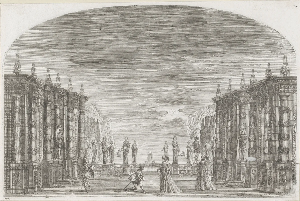 Tweede acte van 'Mirame' met vier personen by Stefano della Bella, print, 1641