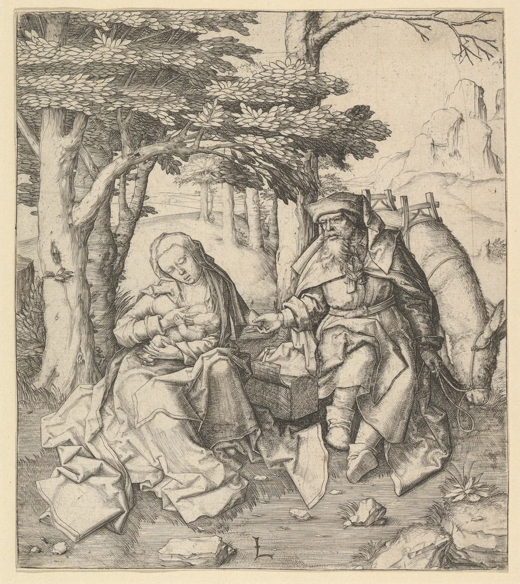 Rest on the Flight Into Egypt by Lucas van Leyden, print, 1501-1511