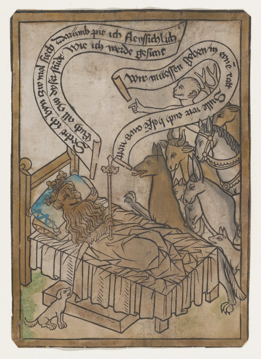 The Sick Lion Summons the Animals to His Bedside from the Sick Lion blockbook, 2nd edition by anonymous, print, 1445-1485