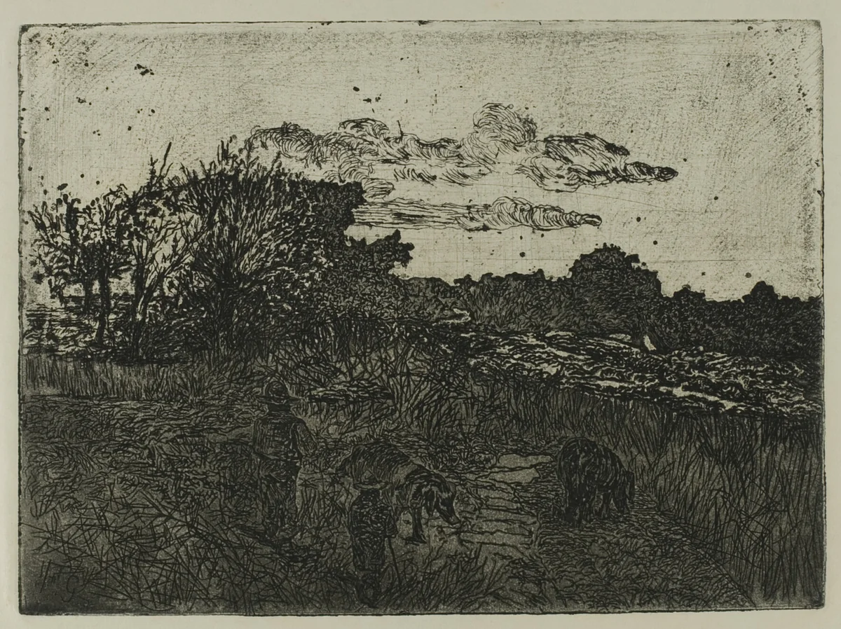 Country at Sunset with Swineherds by Giovanni Fattori, print, 1845-1908