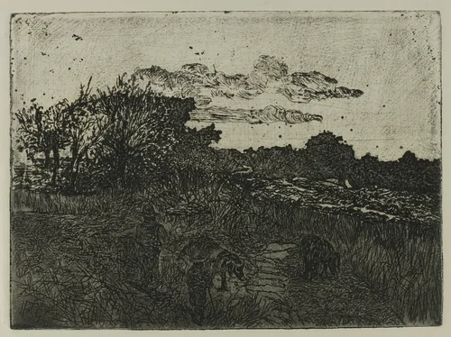 Country at Sunset with Swineherds by Giovanni Fattori, print, 1845-1908