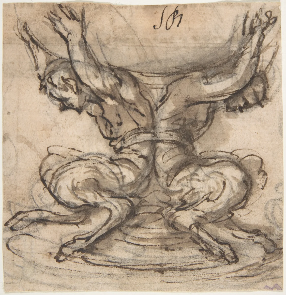 Design for the Base of a Vessel with Two Satyrs by Giovanni Battista Foggini, drawing, 1652-1725