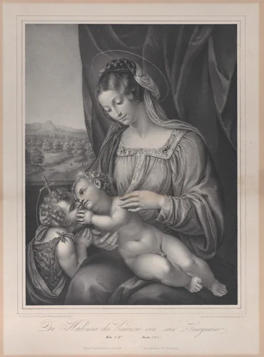 The Virgin and child with the infant Saint John the Baptist, with the Christ child lying on her lap and turning to kiss the Baptist by Franz Hanfstängl, print, 1836