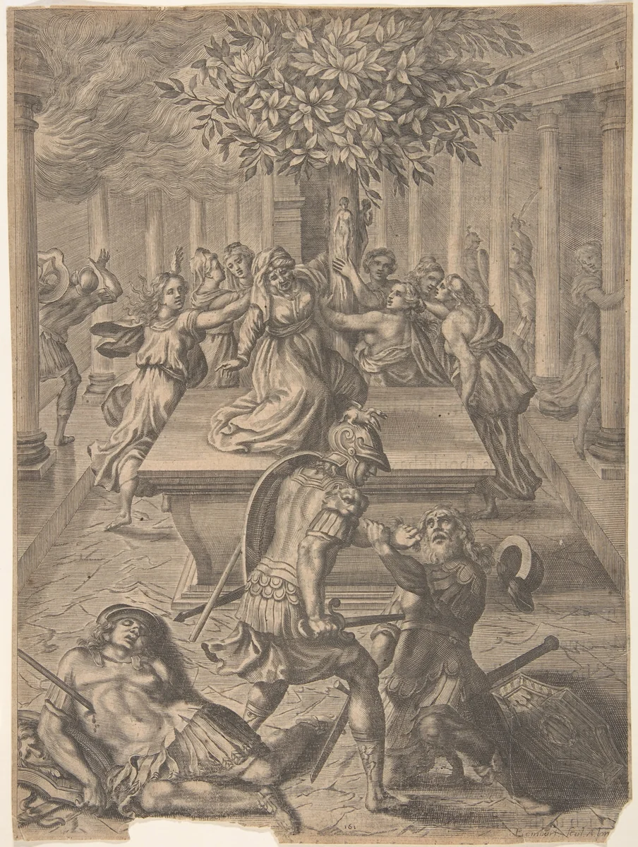 The Sack of Troy–Pyrrhus Killing Priam by Pierre Lombart, print, 1640-1654