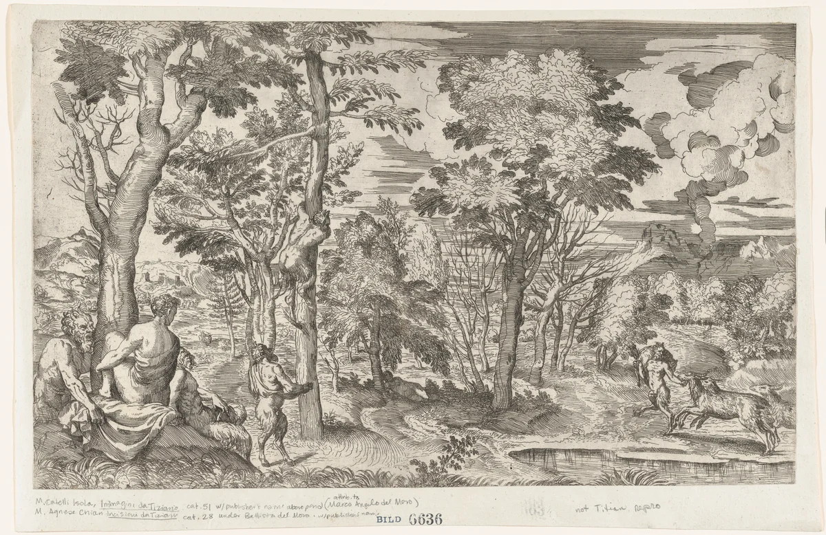 Satyrs in a Landscape (after Titian) by anonymous, print, 1545-1565
