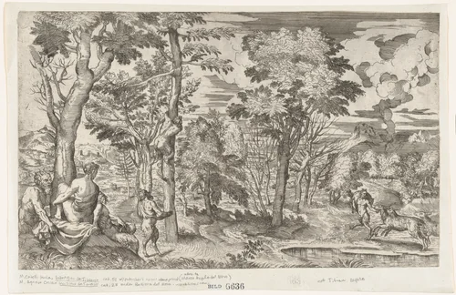 Satyrs in a Landscape (after Titian) by anonymous, print, 1545-1565