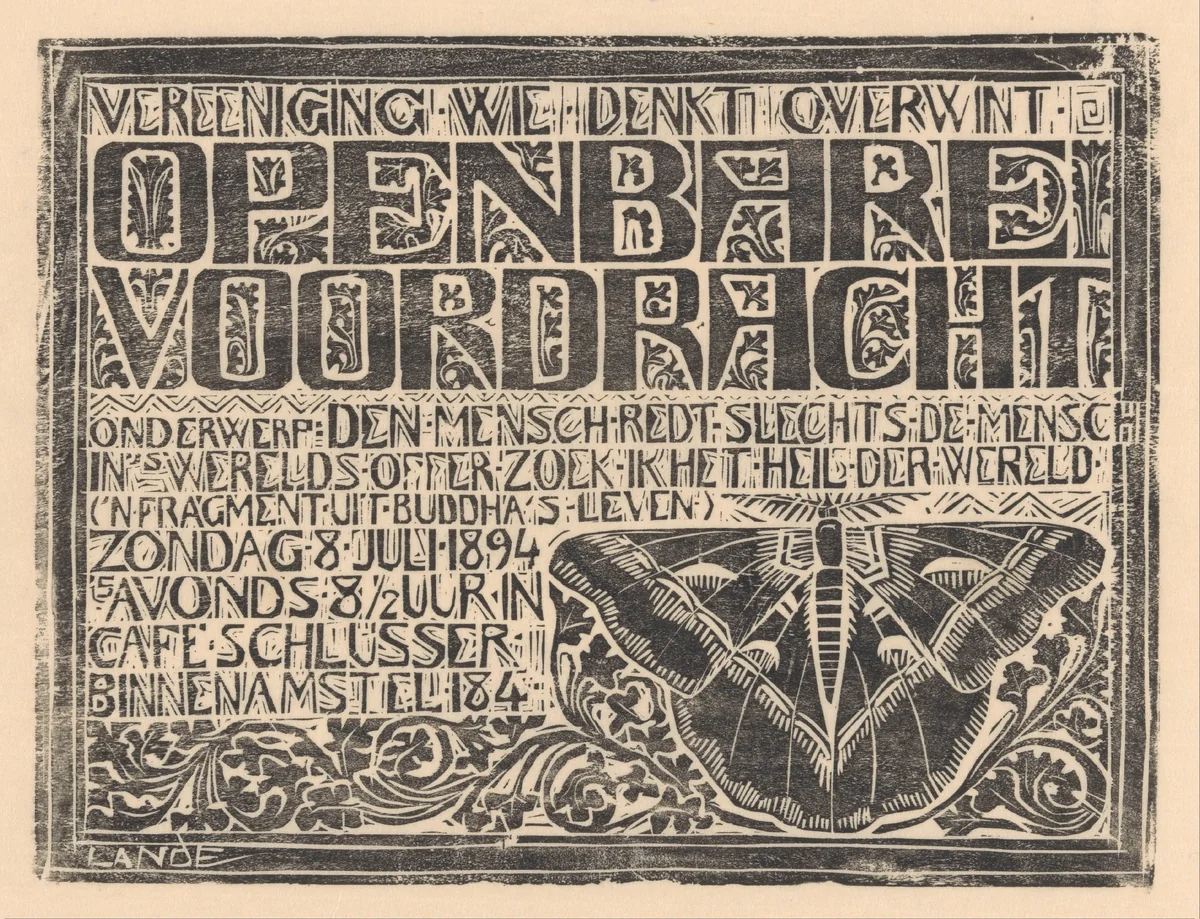 Aankondiging voordracht 'Den mensch redt slechts de mensch' by Mathieu Lauweriks, print, 1894