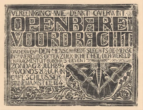 Aankondiging voordracht 'Den mensch redt slechts de mensch' by Mathieu Lauweriks, print, 1894