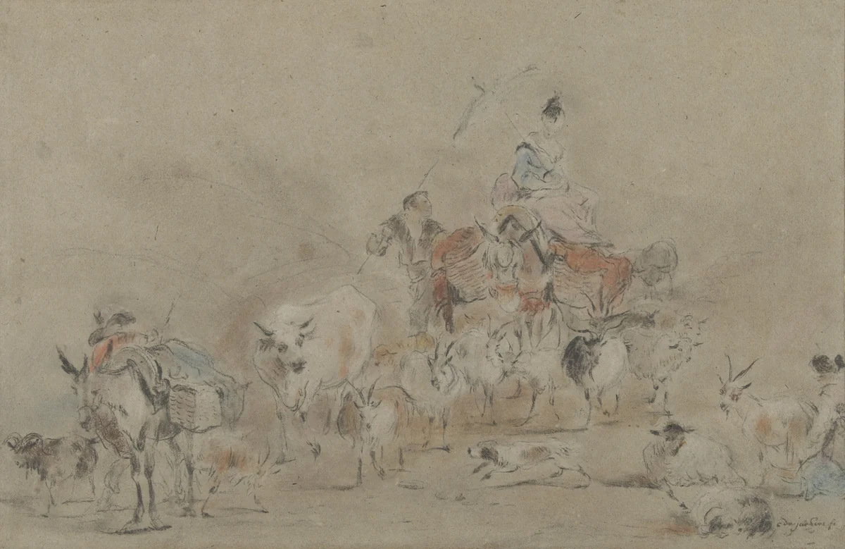 Trekkende kudde met een herderin op een muilezel by Jérome François Chantereau, drawing, 1710-1757