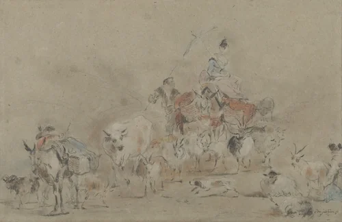 Trekkende kudde met een herderin op een muilezel by Jérome François Chantereau, drawing, 1710-1757