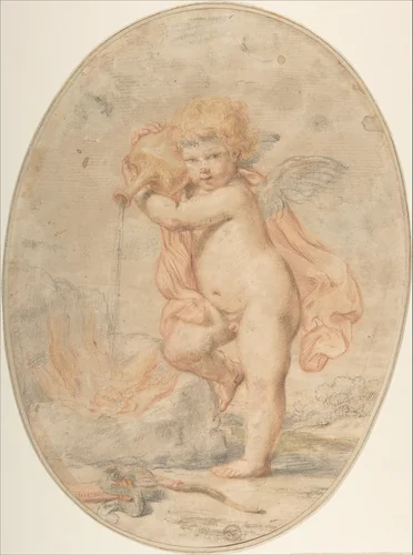 Cupid Pouring Water on a Burning Heart by anonymous, drawing, 1700-1800