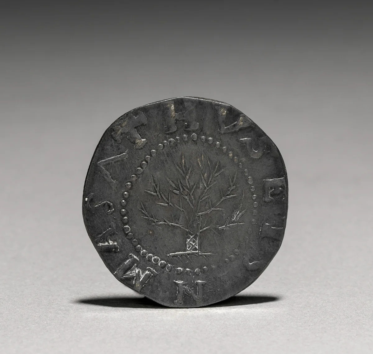 Oak Tree Shilling (obverse) by John Hull, metalwork, 1652