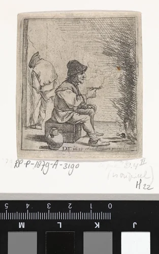 Rokende boer bij het vuur by anonymous, print, 1626-1690