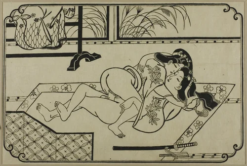 A sheet from a shunga album by Hishikawa Moronobu (菱川師宣), print, 1625-1694