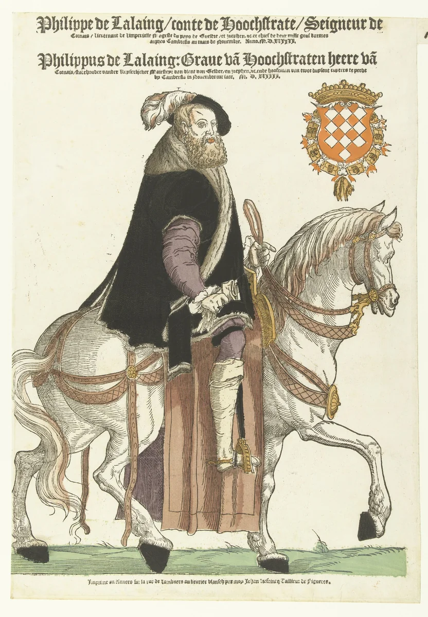 Portret van Filips van Lalaing te paard by Hans Liefrinck, print, 1544-1555