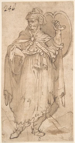 Man in Turkish Costume Holding a Shield by anonymous, drawing, 1500-1600