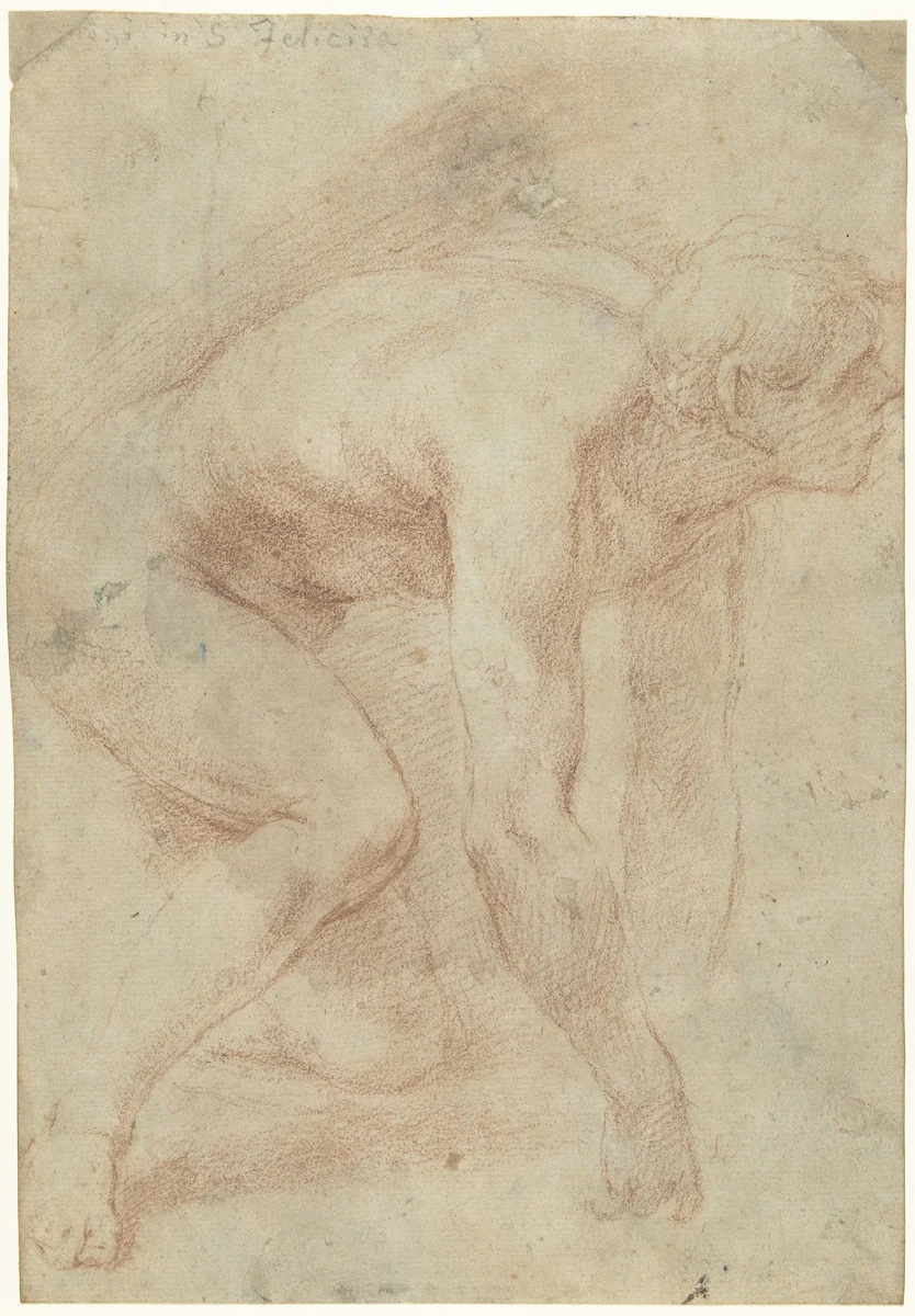 Naaktstudie van een knielende man by Simone Pignoni, drawing, 1677-1682