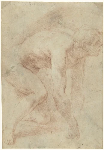 Naaktstudie van een knielende man by Simone Pignoni, drawing, 1677-1682