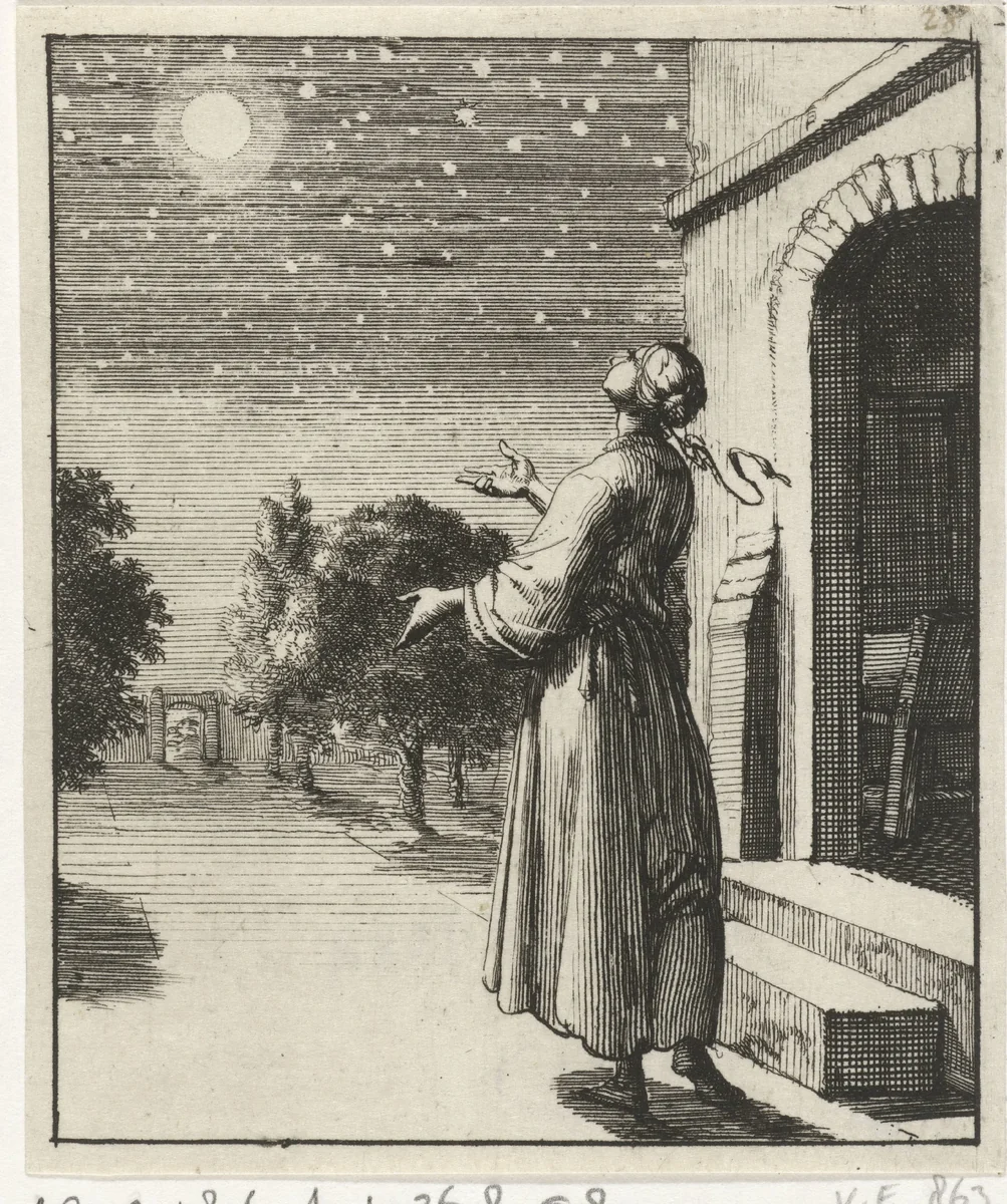 Vrouw aanschouwt de maan en sterren by Jan Luyken, print, 1687