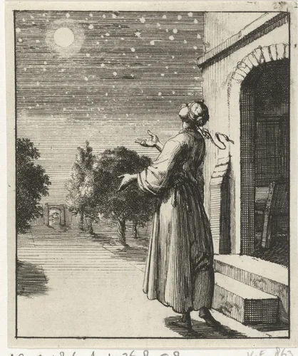 Vrouw aanschouwt de maan en sterren by Jan Luyken, print, 1687