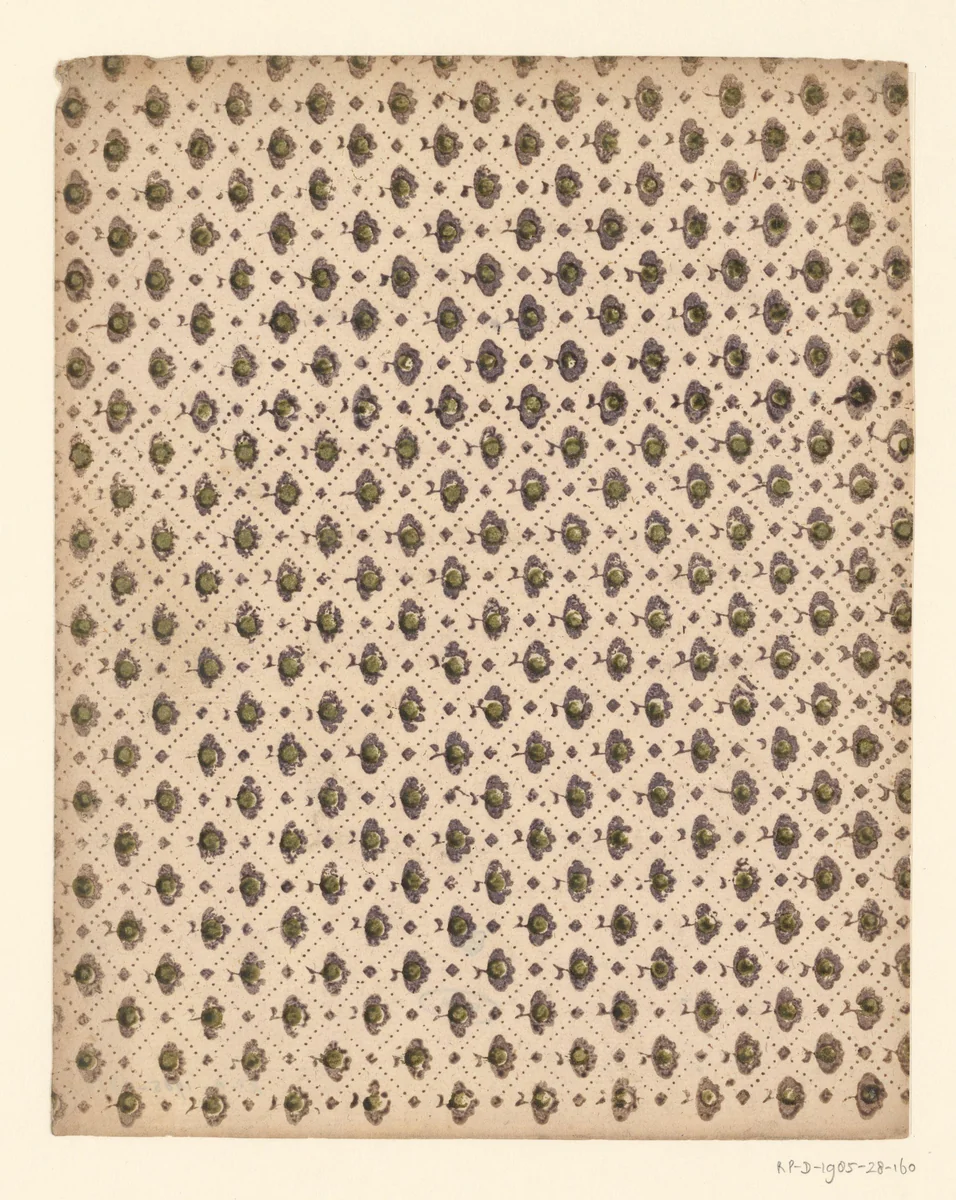 Blad met ruitenpatroon van punten en overhoekse vierkanten met bloem als veldvulling by anonymous, other, 1750-1900