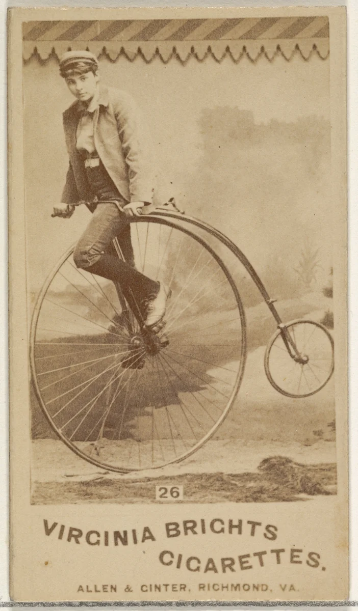 Card 26, from the Girl Cyclists series (N49) for Virginia Brights Cigarettes by Allen & Ginter, photograph, 1887