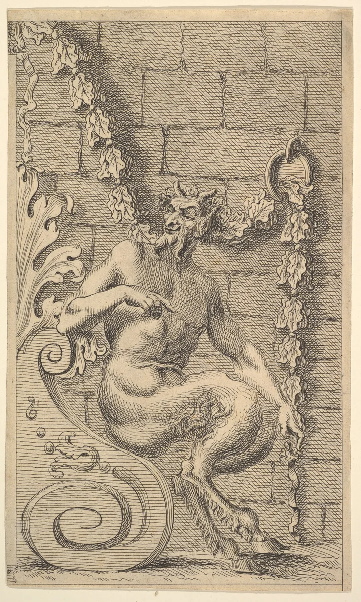 Sitting Satyrs by G. King, print, 1732