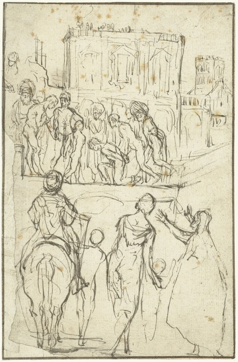 Gerechtsscène met een gebonden gevangene by Adam Elsheimer, drawing, 1588-1610