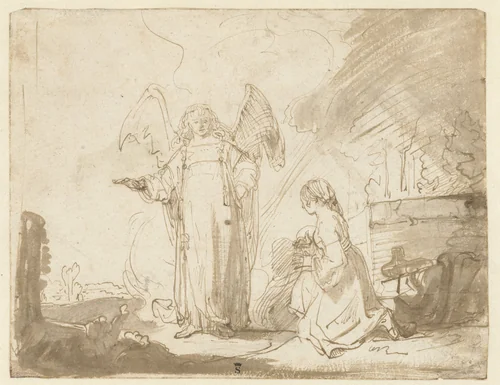Hagar and the Angel at the Well on the Way to Shur by Ferdinand Bol, drawing, 1640