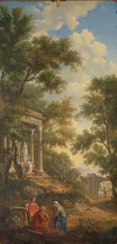 Arcadisch landschap met links een tempel en op de voorgrond een zittende oude man by Jurriaan Andriessen, painting, 1771